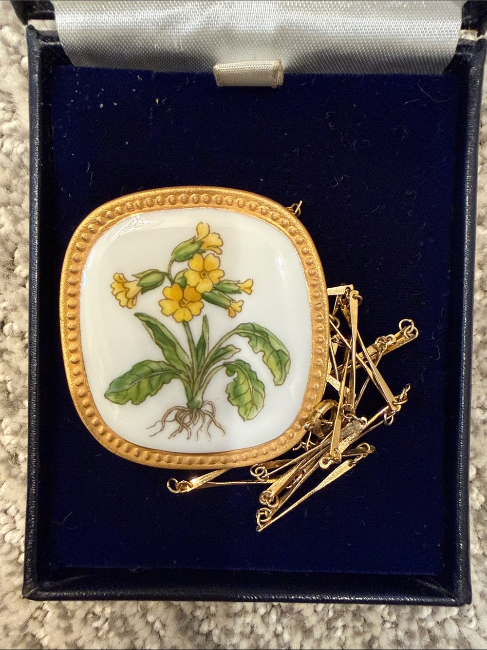 Royal Copenhagen Gilt Sterling Silver Porcelain Brooch with Yellow Floral Design
